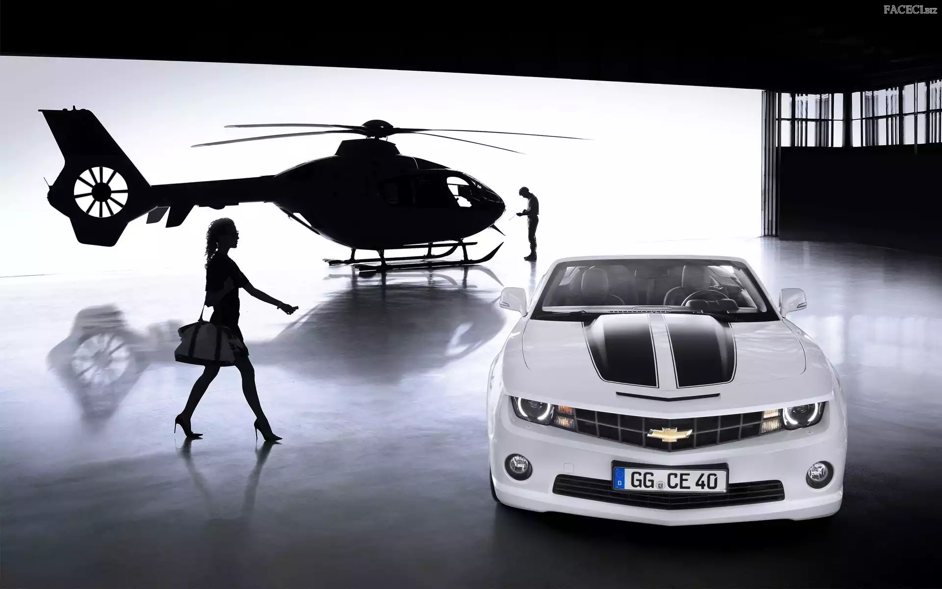 Mężczyzna, Kobieta, Camaro, Chevrolet, Helikopter