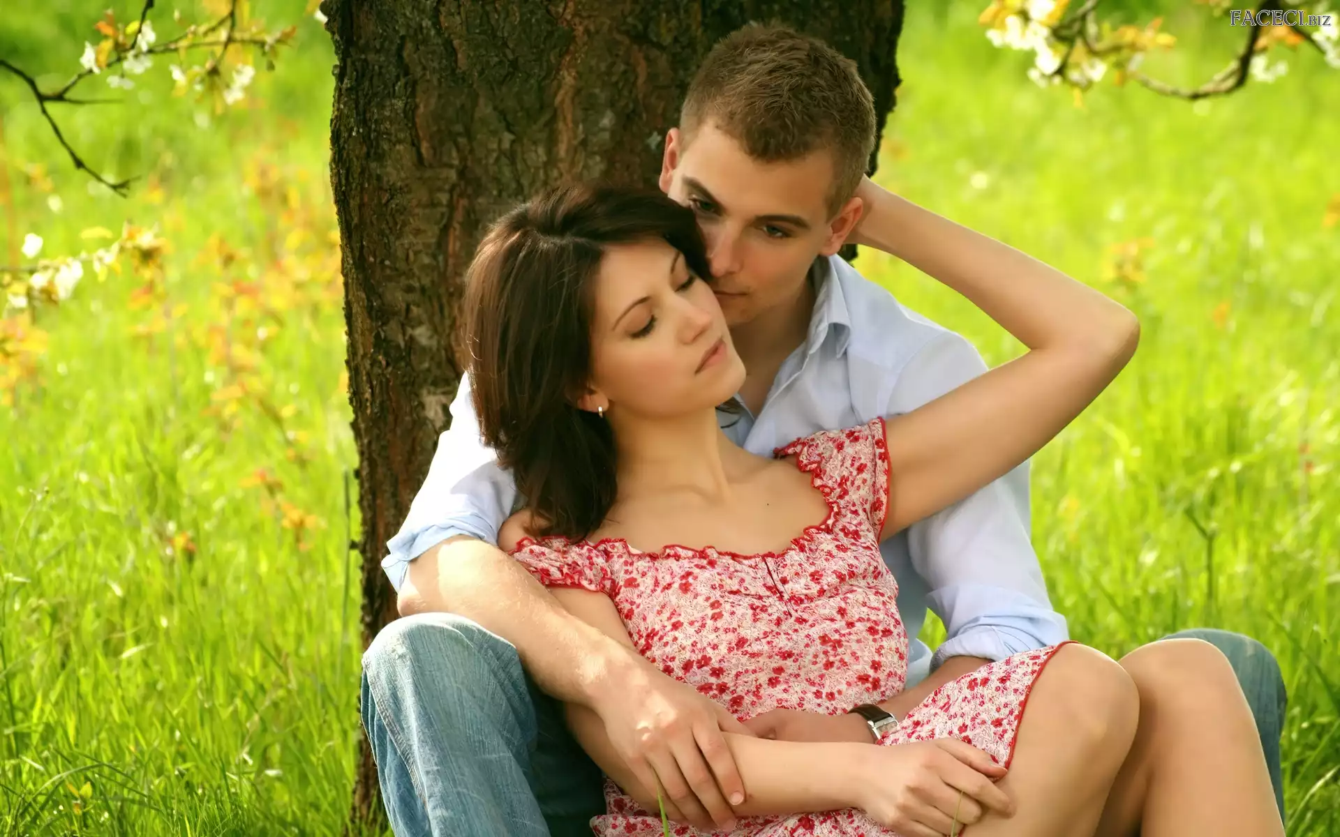 Zakochana, Para, Drzewo, Trawa