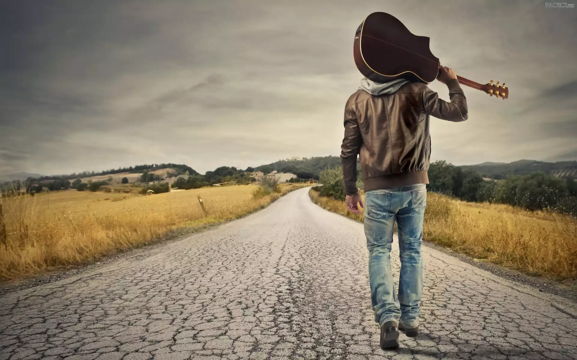 Pole, Gitara, Mężczyzna, Droga